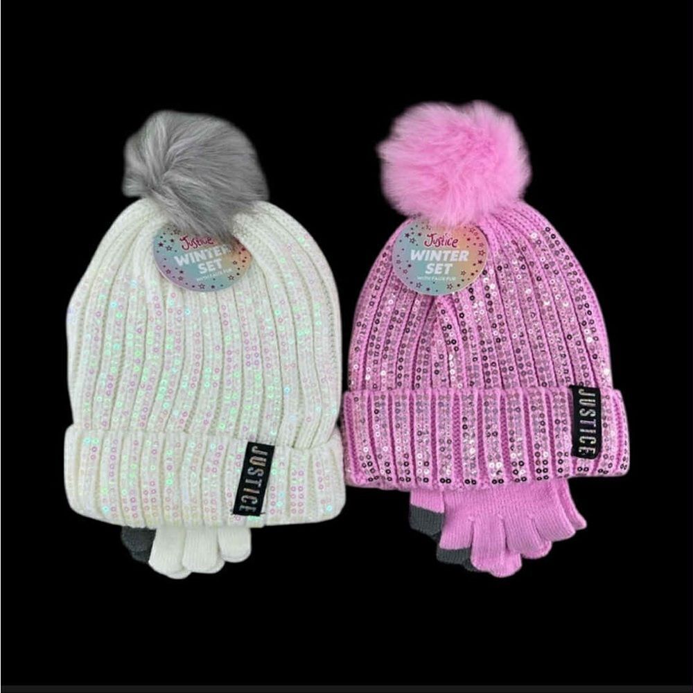 Girls Justice Ribbed & Full Print Winter Cozy Beanie and Gloves 2, 2-Piece Sets